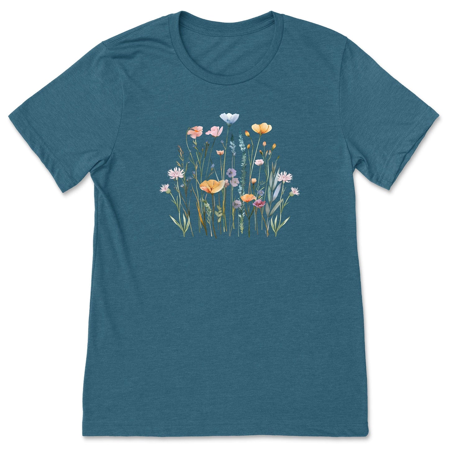 A pretty, teal, soft, wildflower shirt for women and gardeners that has a print with pastel flowers on it.