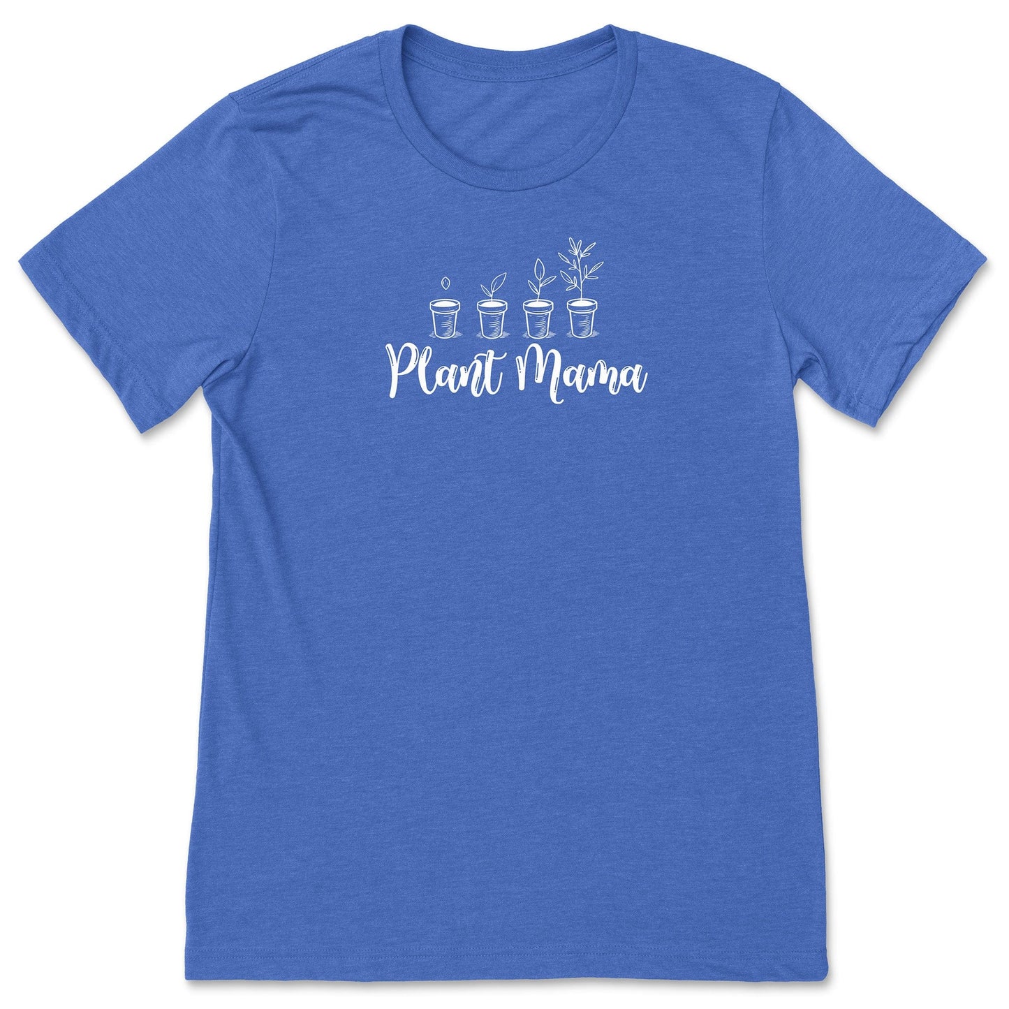 A cute, royal blue t-shirt for gardeners and plant lovers that says, Plant Mama.