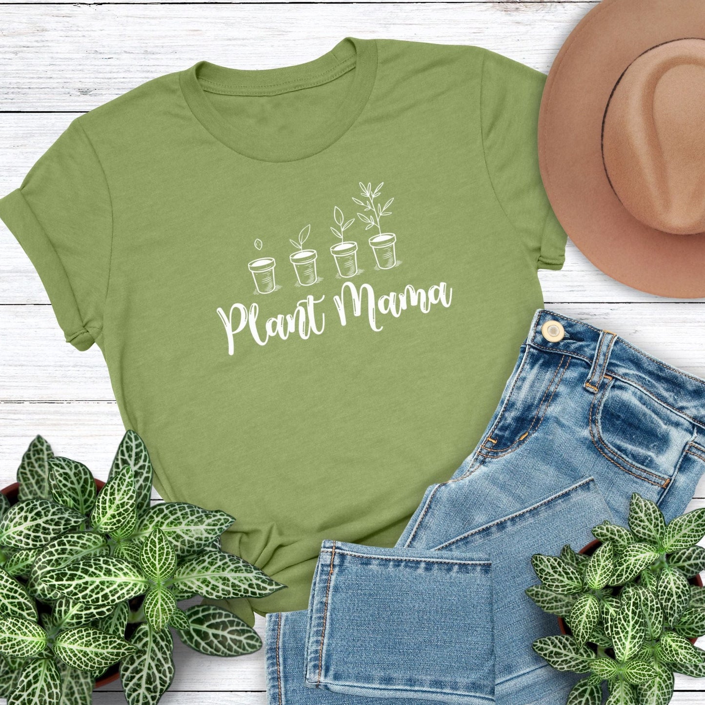 A cute t-shirt for gardeners that has potted plants and says, Plant Mama.