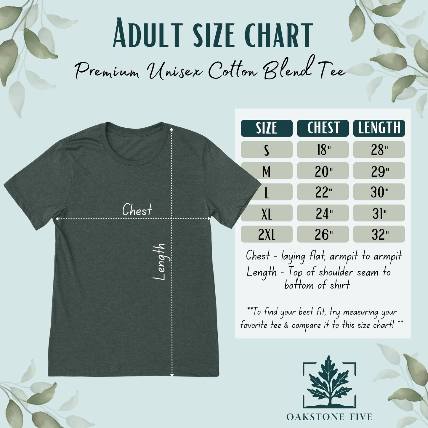 Adult size chart for premium, cotton blend t-shirts