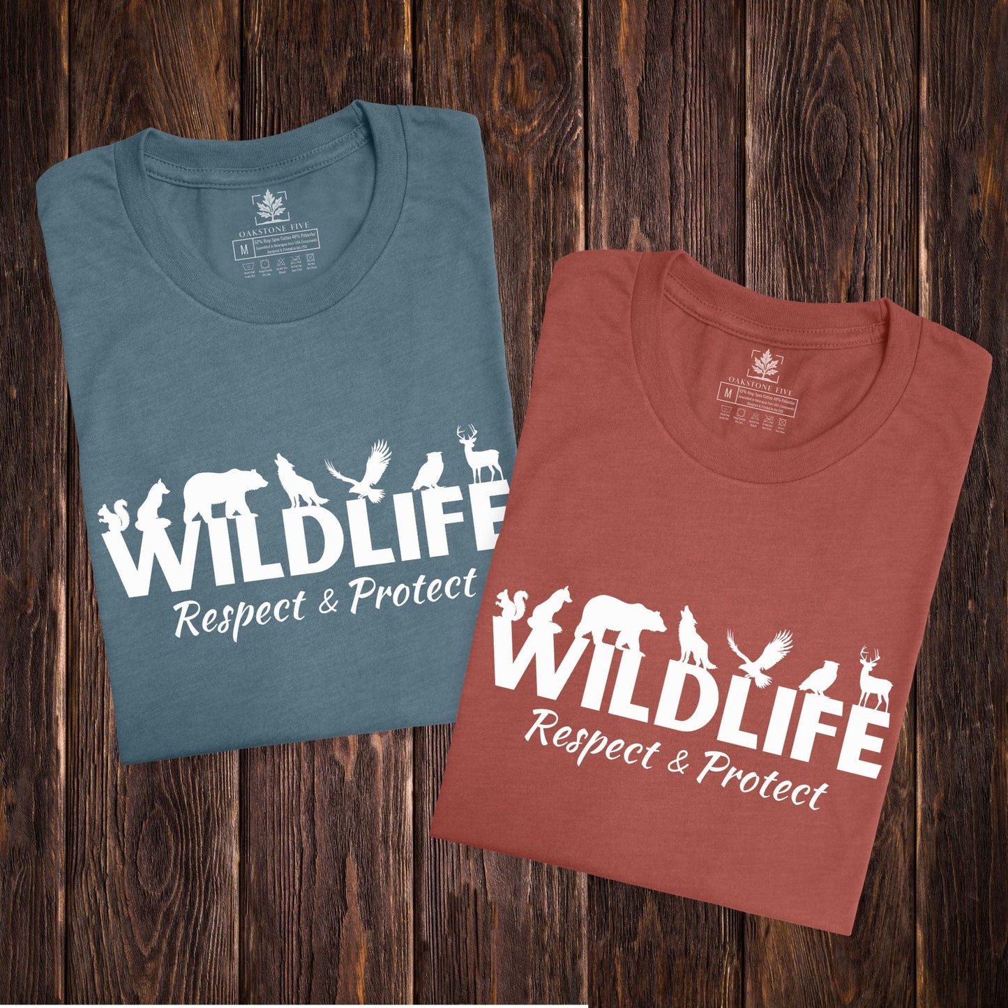 Two wildlife advocate t-shirts that have the word "Wildlife" with woodland animals sitting on top of the letters. Underneath that says, "Respect & Protect."