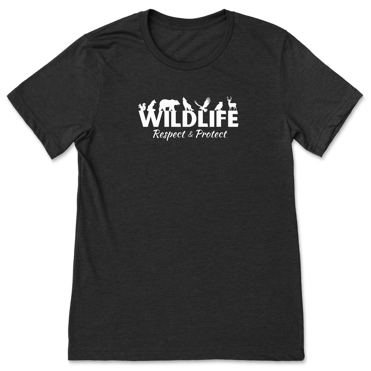 A black, protect nature-t-shirt that has the word "Wildlife" with woodland animals sitting on top of the letters. Underneath that says, "Respect & Protect."