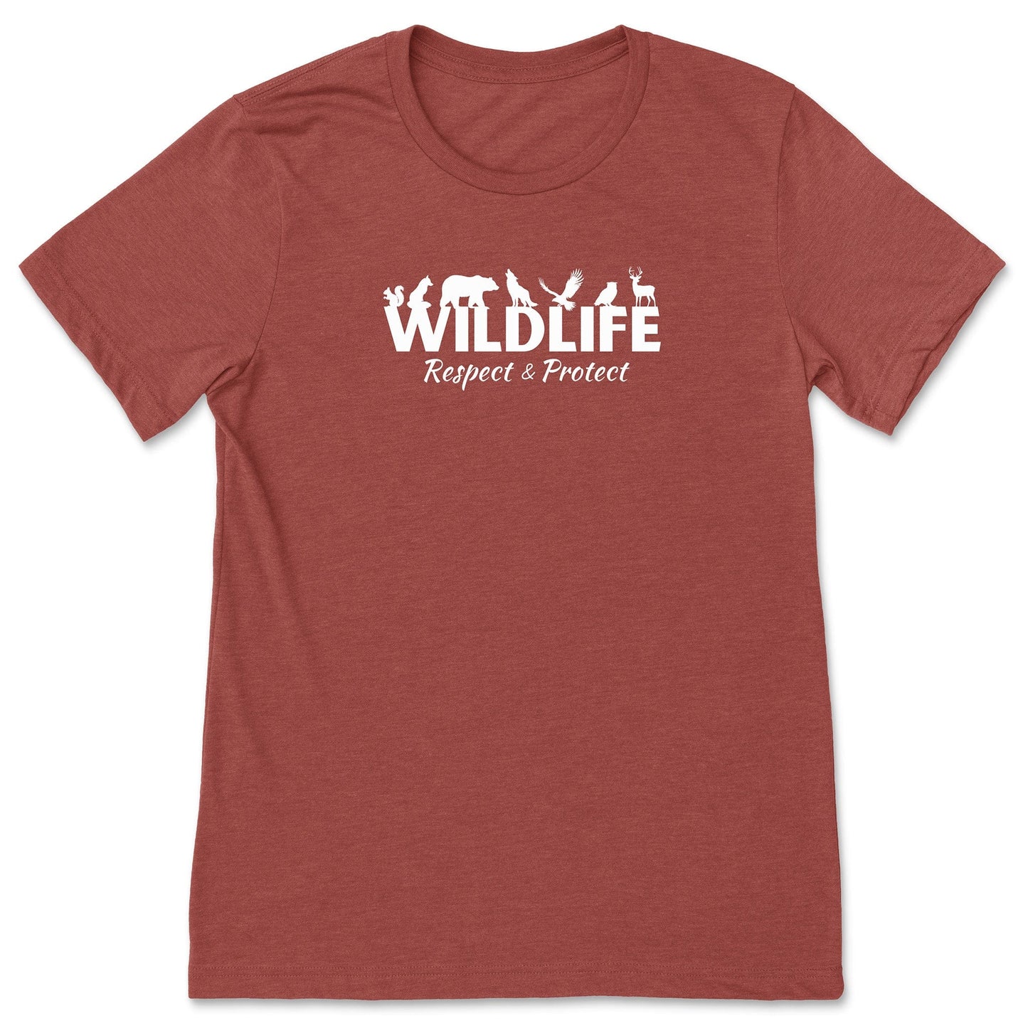 A clay-color, protect wildlife shirt that has the word "Wildlife" with woodland animals sitting on top of the letters. Underneath that says, "Respect & Protect."