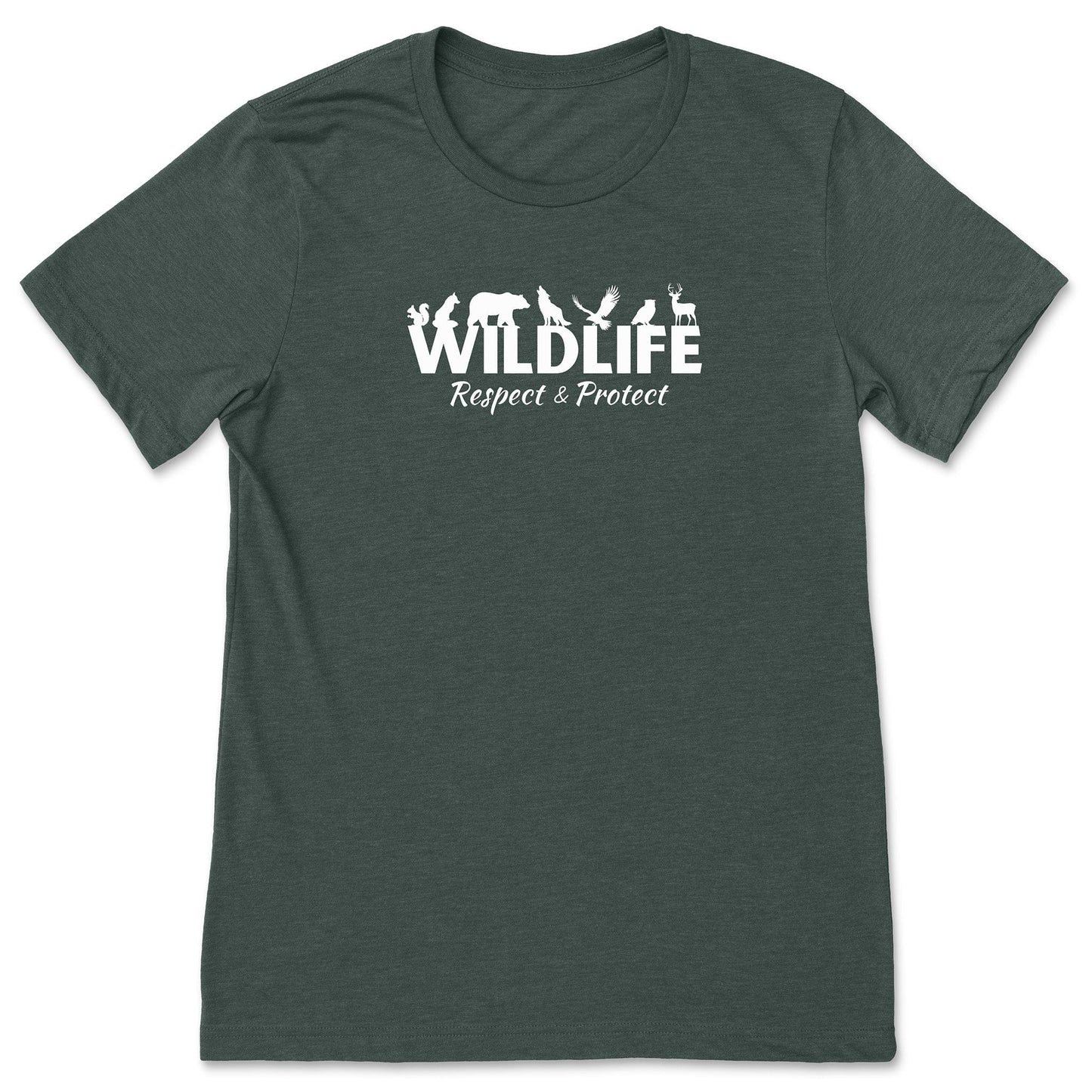 A forest green, protect wildlife shirt that has the word "Wildlife" with woodland animals sitting on top of the letters. Underneath that says, "Respect & Protect."