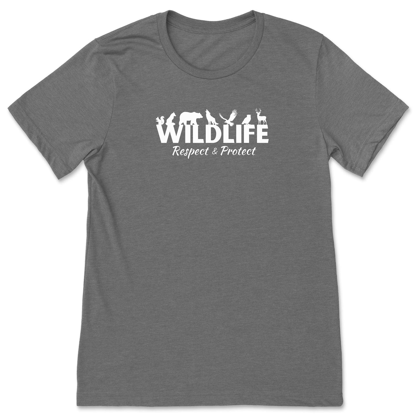 A grey, protect wildlife shirt that has the word "Wildlife" with woodland animals sitting on top of the letters. Underneath that says, "Respect & Protect."