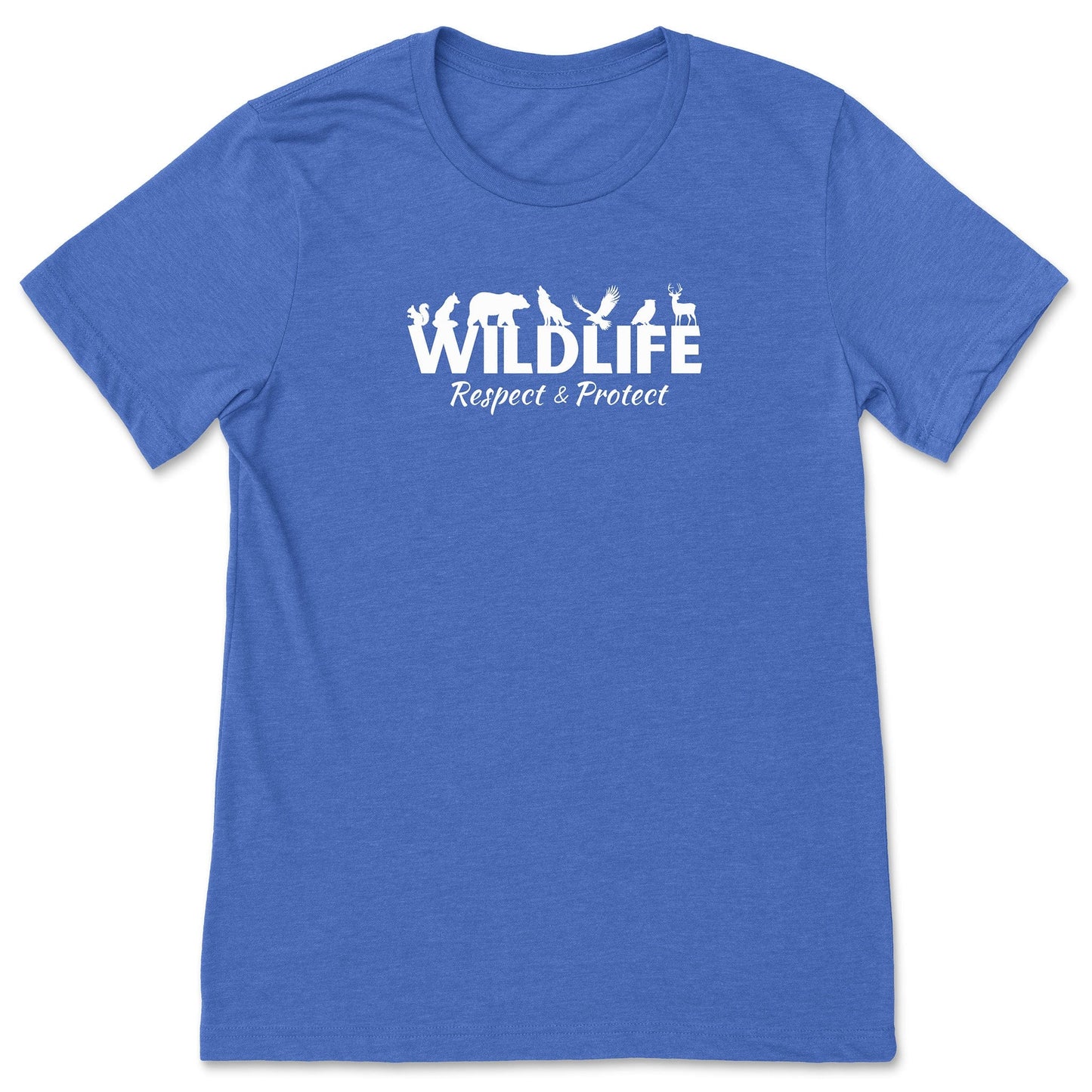 A royal blue, protect wildlife shirt that has the word "Wildlife" with woodland animals sitting on top of the letters. Underneath that says, "Respect & Protect."