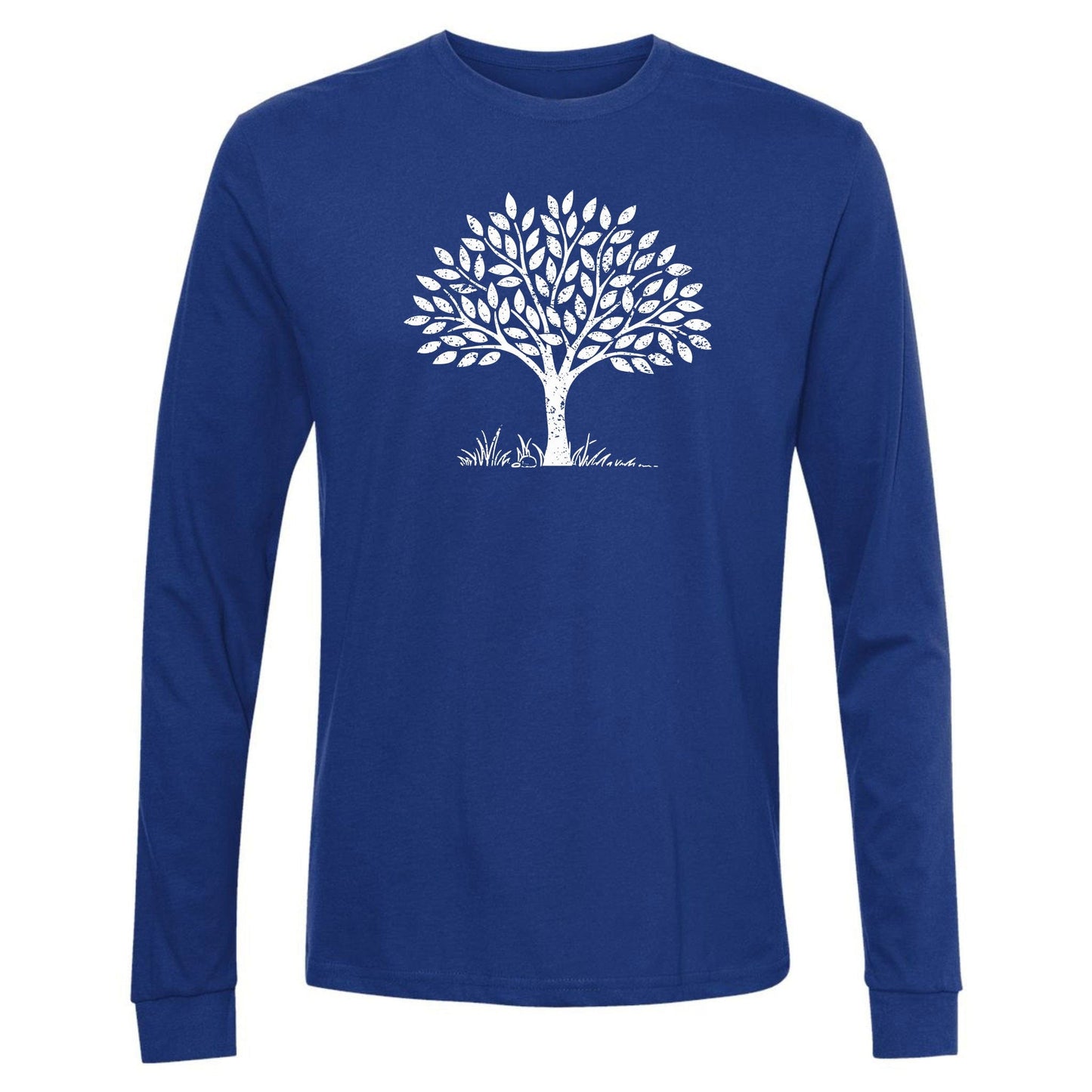 A fun, royal blue, long-sleeve nature t-shirt with a tree graphic on the front.