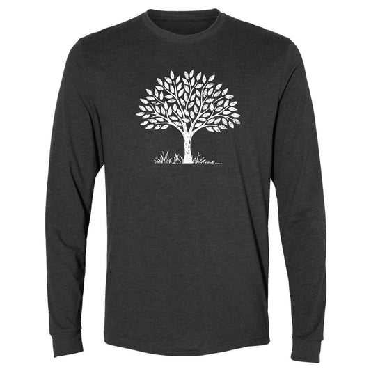 A fun, gray, long-sleeve nature t-shirt with a tree graphic on the front.