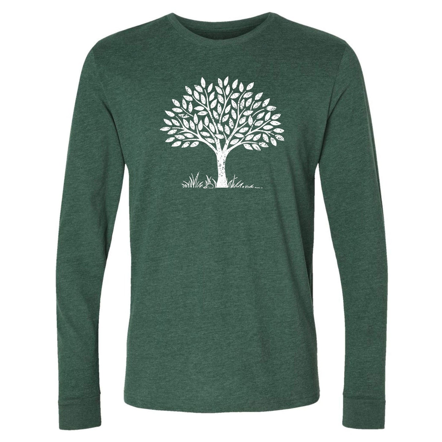 A fun, green, long-sleeve nature t-shirt with a tree graphic on the front.
