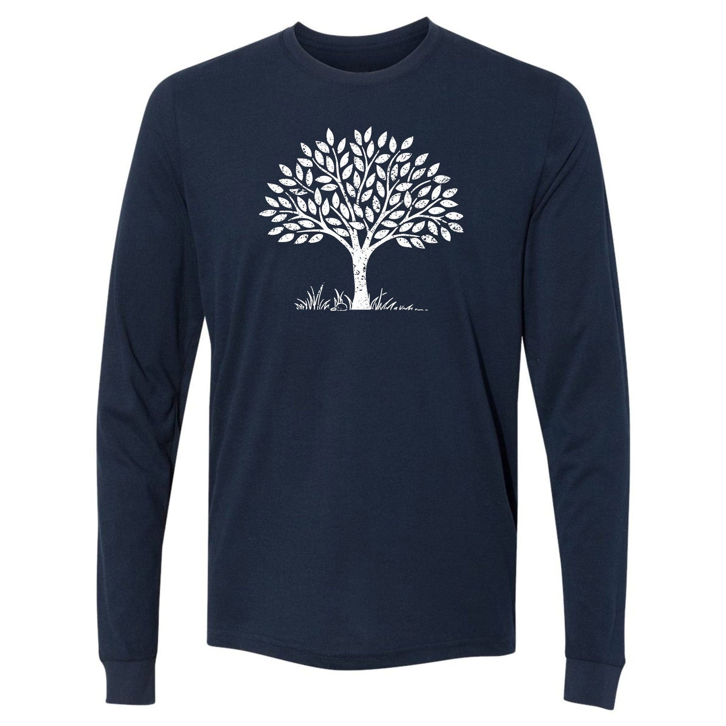 A fun, navy blue, long-sleeve nature t-shirt with a tree graphic on the front.