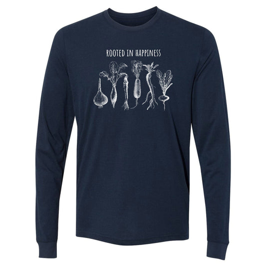 A navy, upbeat, happy long-sleeve t-shirt for gardeners that has rooted vegetables and says, "Rooted in Happiness".