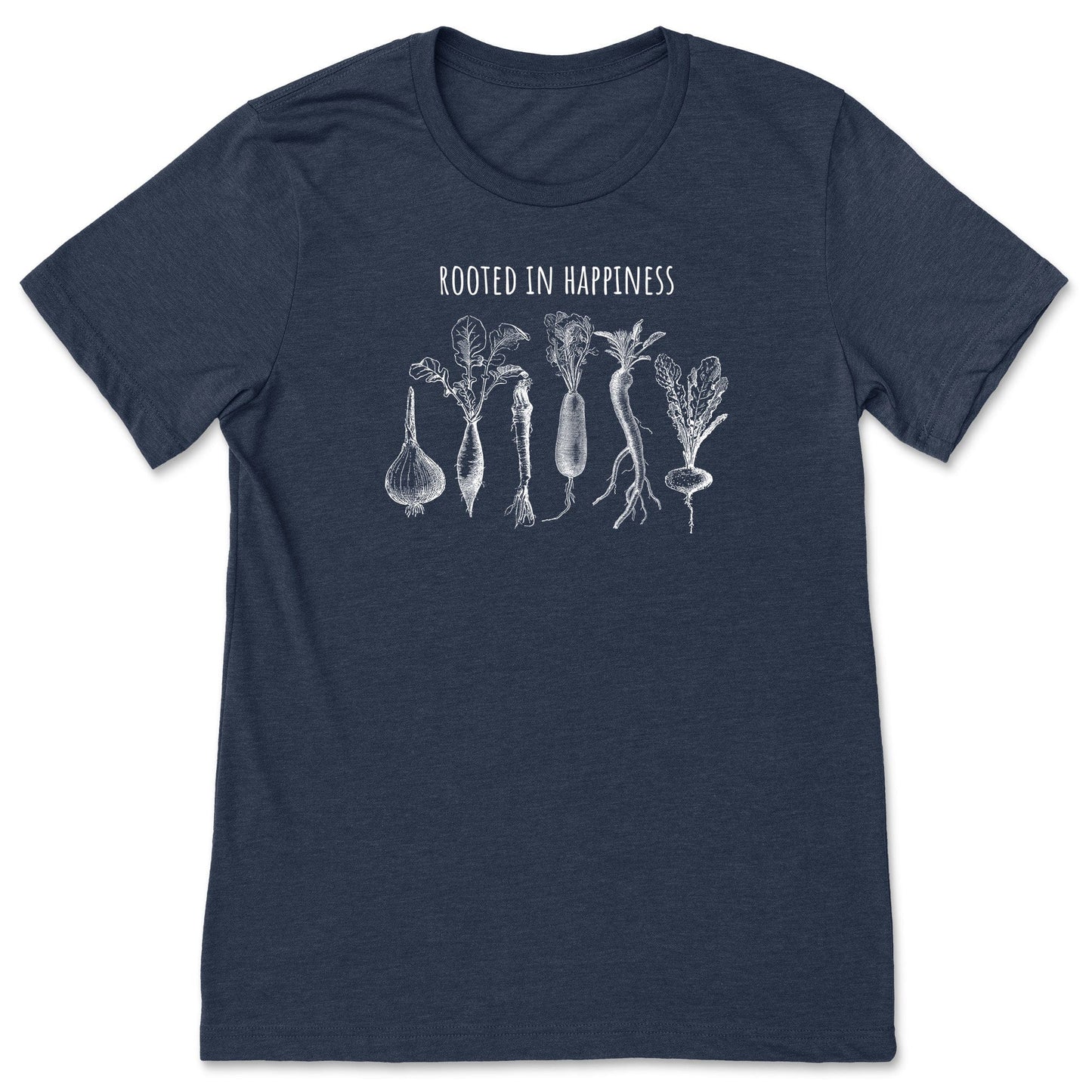 A navy positivity shirt for gardeners and plant lovers that has vegetables on it and says, "Rooted in Happiness".