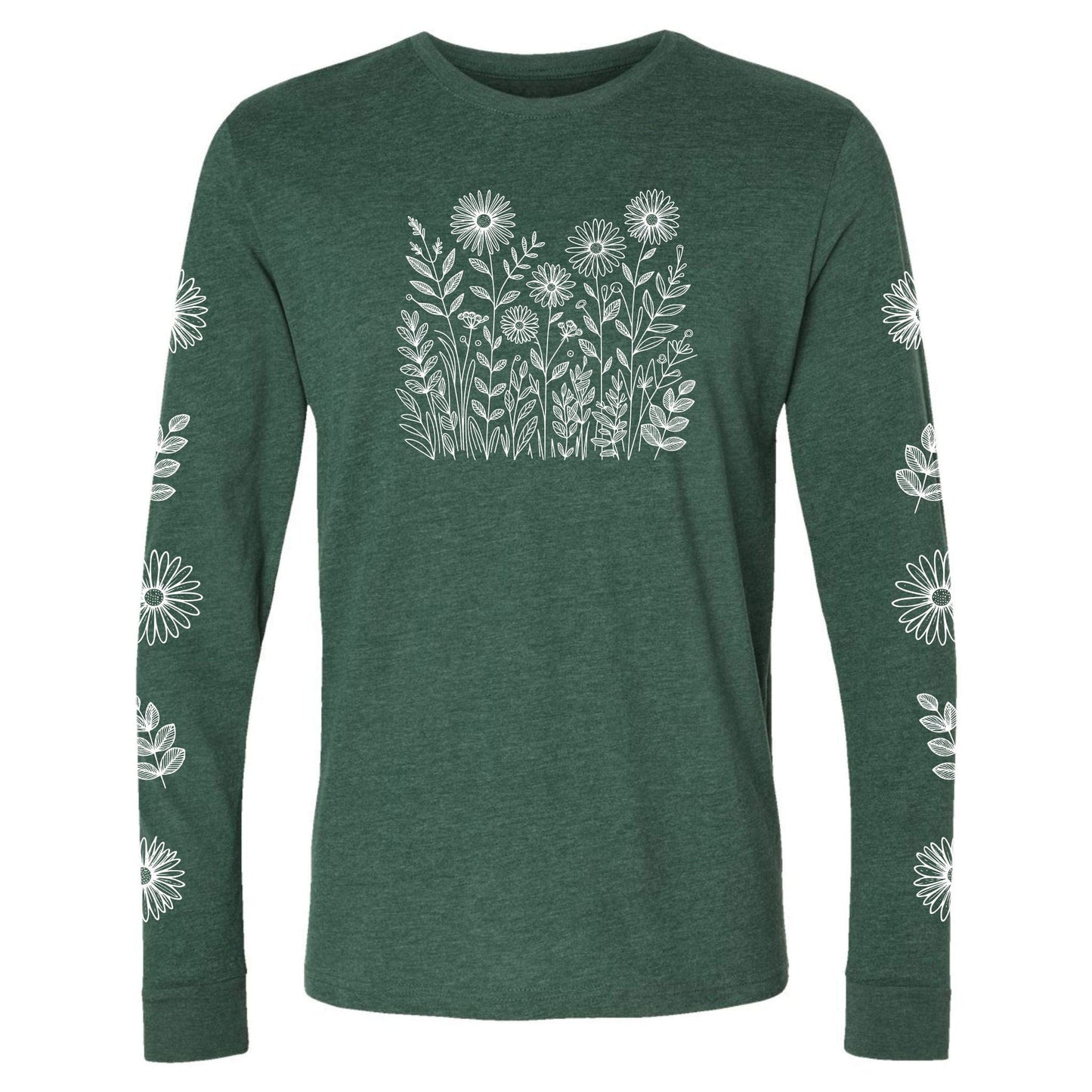 A beautiful, forest green, long-sleeve white wildflower shirt for gardeners and plant lovers. It has a white flower design on the front and down both sleeves!