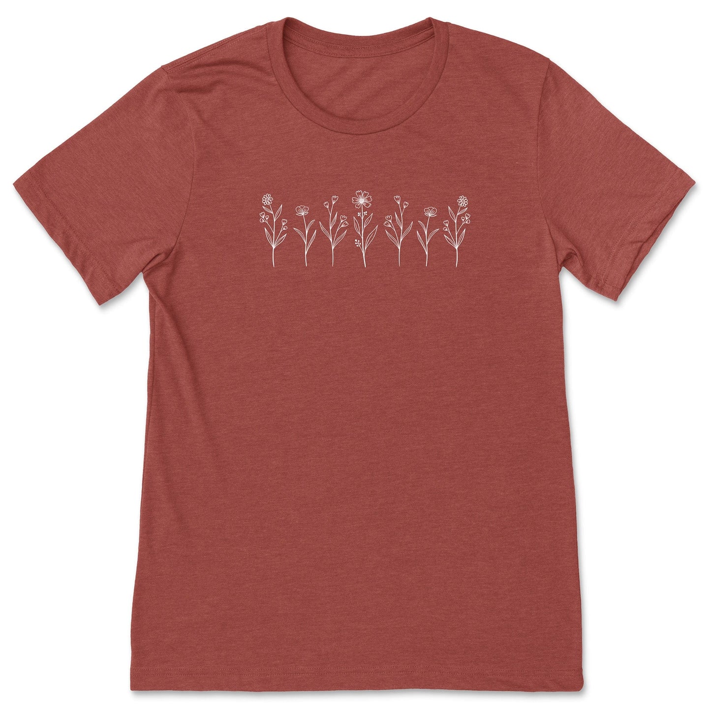 A cute, clay-colored, wildflower t-shirt that has white flowers on it - great for nature and flower lovers!