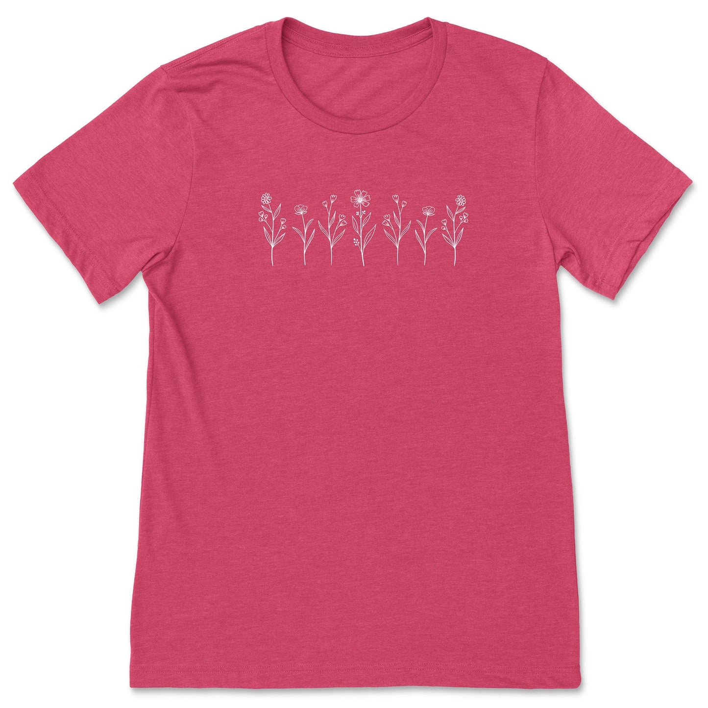 A cute, raspberry pink, wildflower t-shirt that has simple white flowers on it - great for nature and flower lovers!