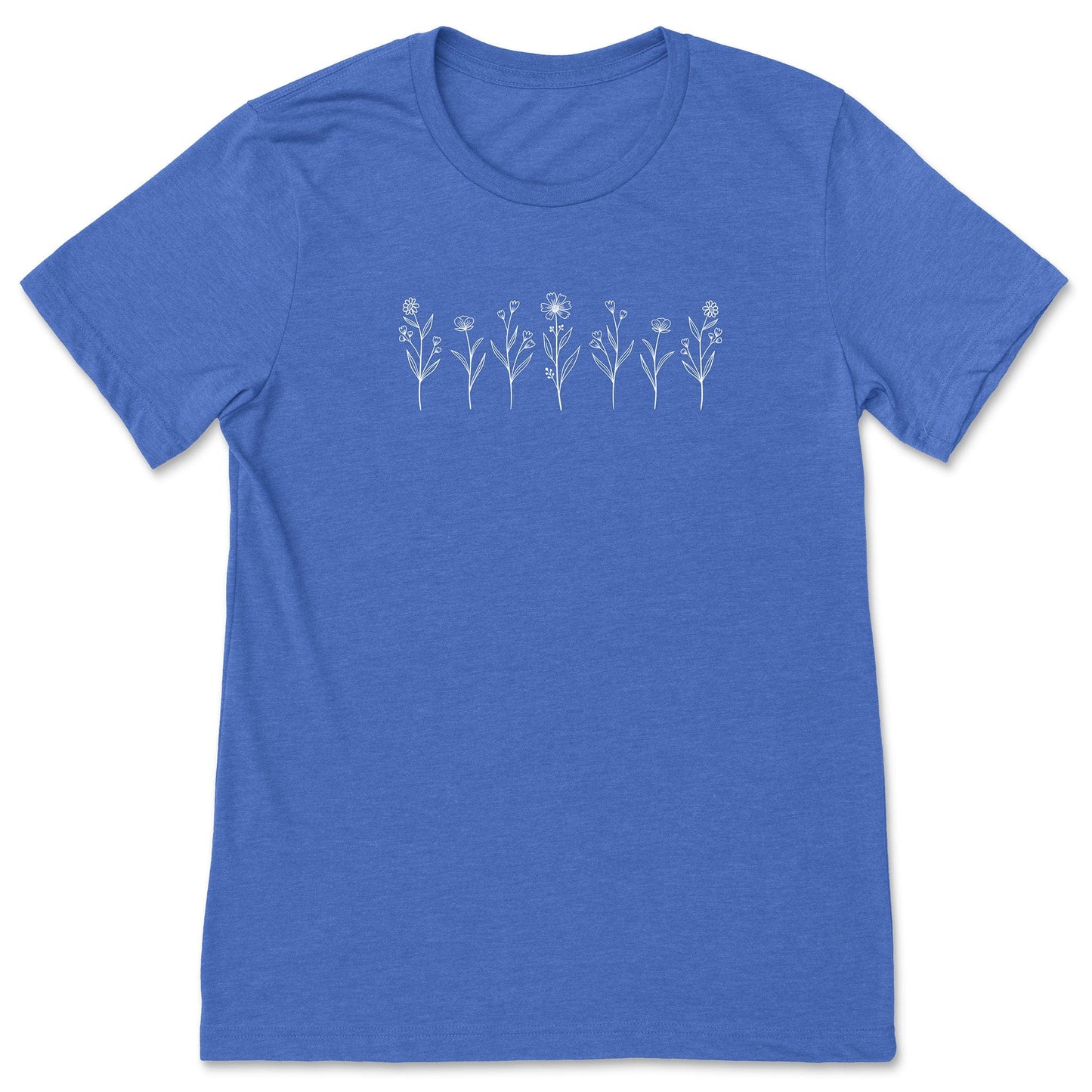 A cute, royal blue, wildflower t-shirt that has white flowers on it - great for nature and flower lovers!