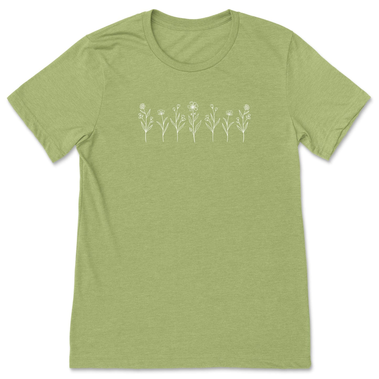 A cute, light green, wildflower t-shirt that has white flowers on it - great for nature and flower lovers!