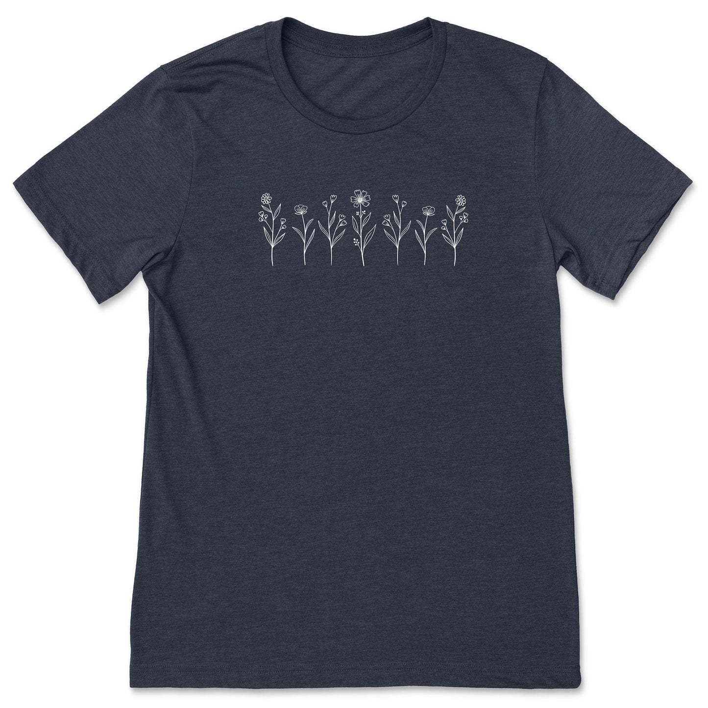 A cute, navy blue, wildflower t-shirt that has white flowers on it - great for nature and flower lovers!
