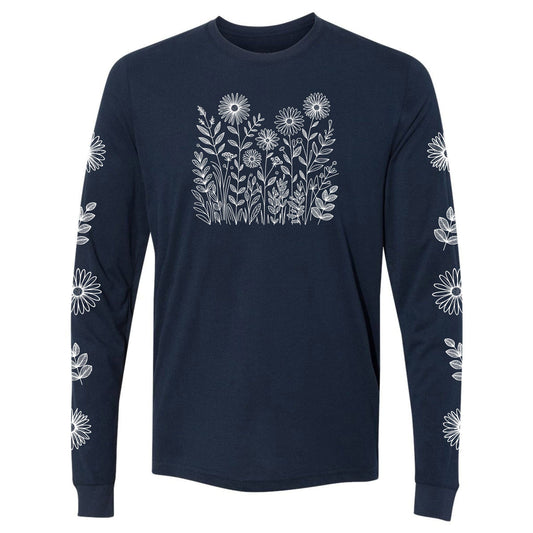 A beautiful navy, long-sleeve flower shirt for gardeners and plant lovers. It has a white wildflower design on the front and has flowers down both sleeves!