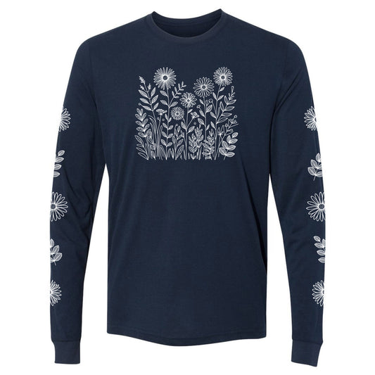 A beautiful navy, long-sleeve flower shirt for gardeners and plant lovers. It has a white wildflower design on the front and has flowers down both sleeves!