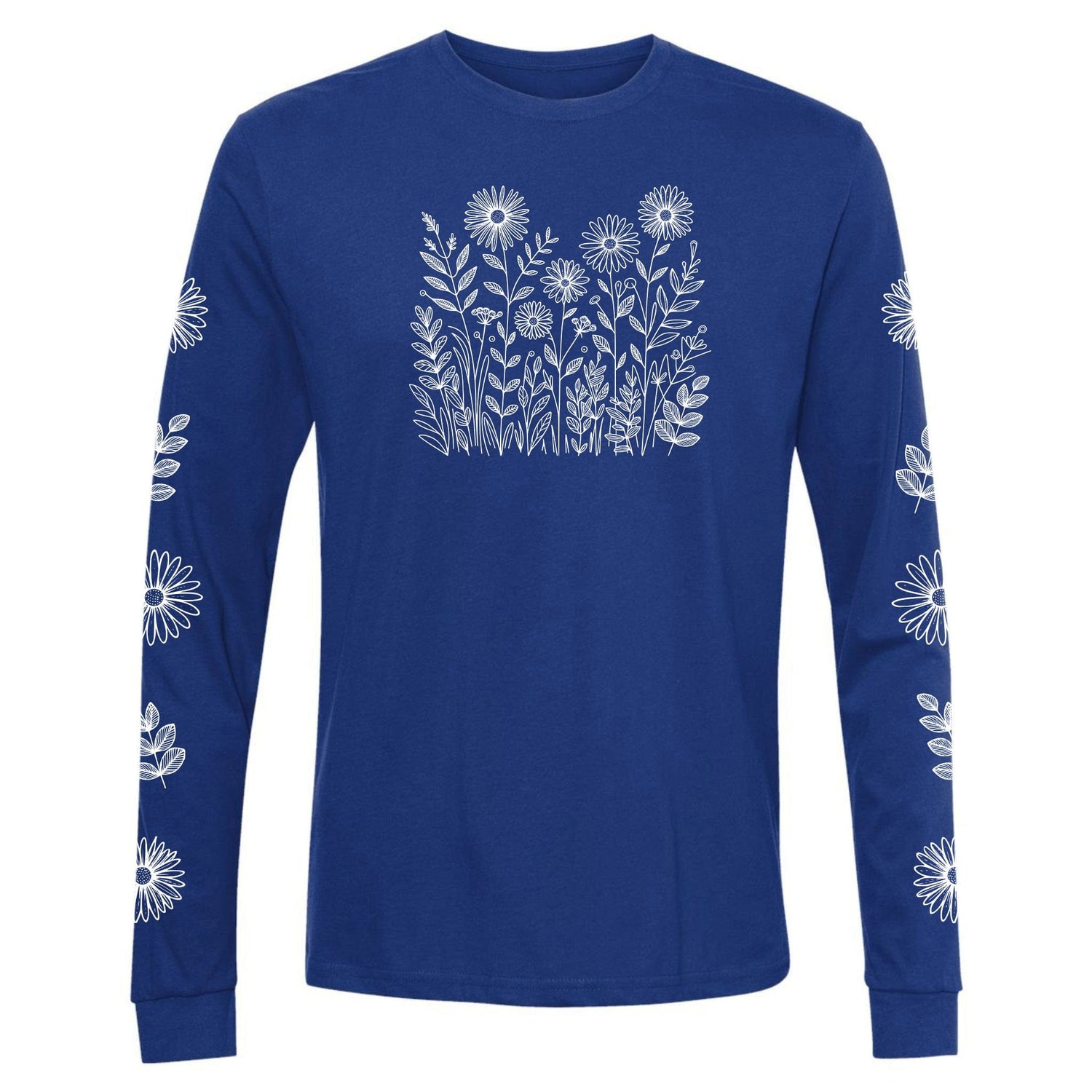 A beautiful blue long-sleeve flower shirt for gardeners and plant lovers. It has a white wildflower design on the front and has flowers down both sleeves!