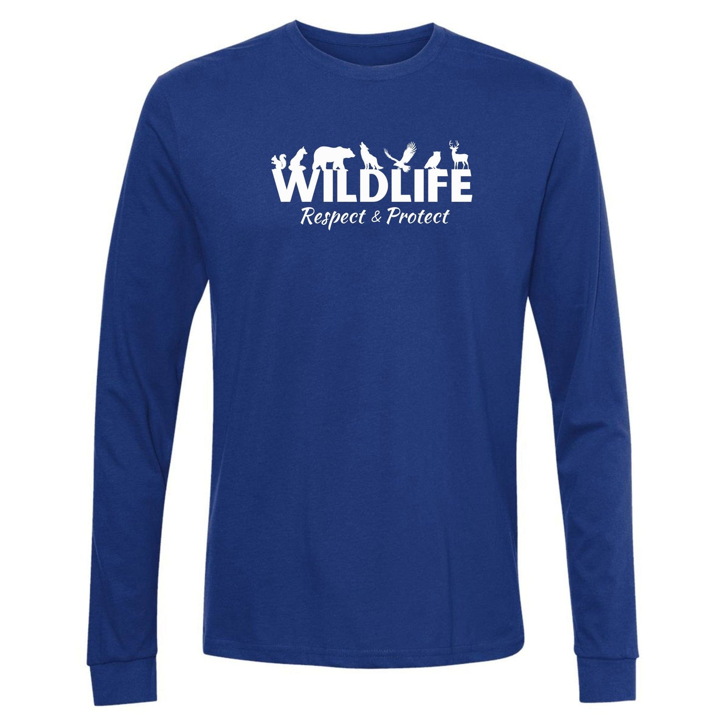 A blue, wildlife advocate long-sleeve shirt for animal lovers that says, Wildlife" and has woodland animals sitting on top of the letters. Has "respect & protect" written underneath.