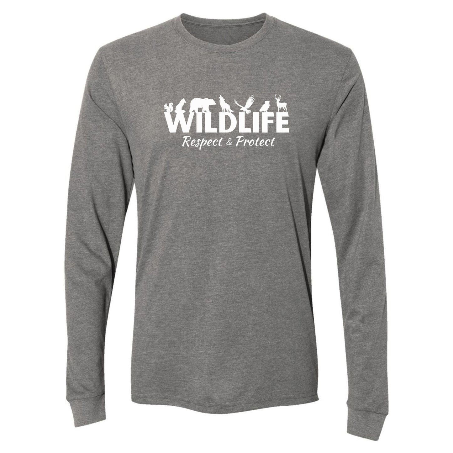 A grey, wildlife advocate long-sleeve shirt for animal lovers that says, Wildlife" and has woodland animals sitting on top of the letters. Has "respect & protect" written underneath.
