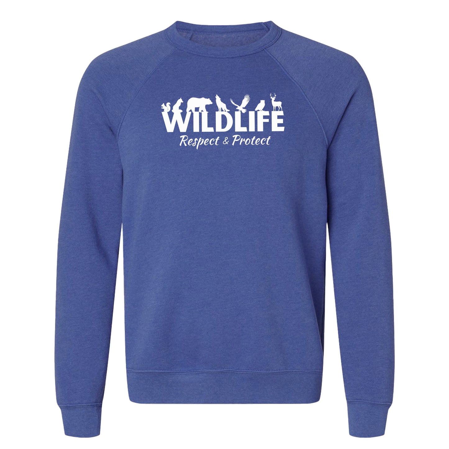 A royal blue, wildlife advocate sweatshirt for nature lovers that says "Wildlife" with animals sitting on the top of the letters, and underneath it says, "Respect & Protect."