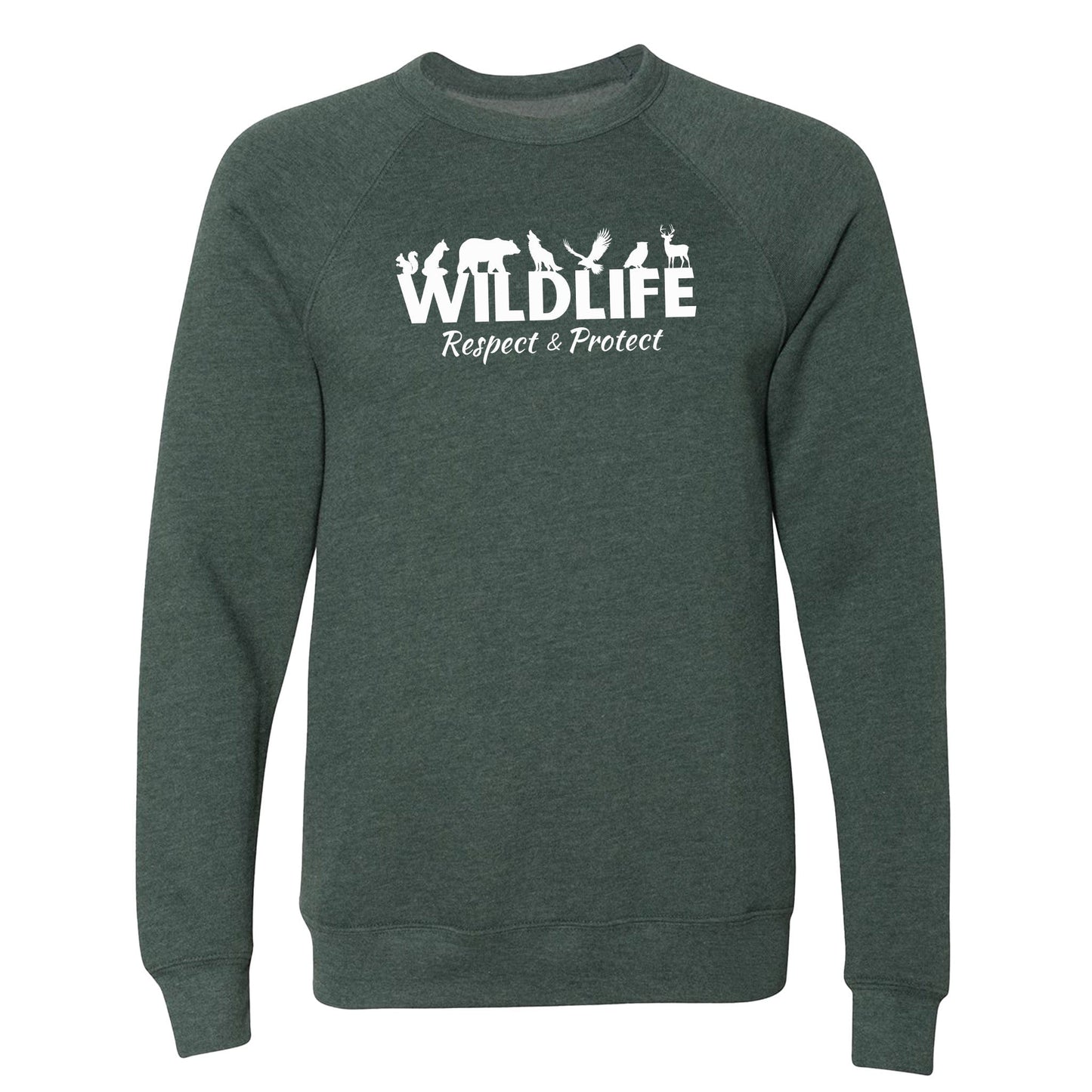A green, wildlife advocate sweatshirt for nature lovers that says "Wildlife" with animals sitting on the top of the letters, and underneath it says, "Respect & Protect."