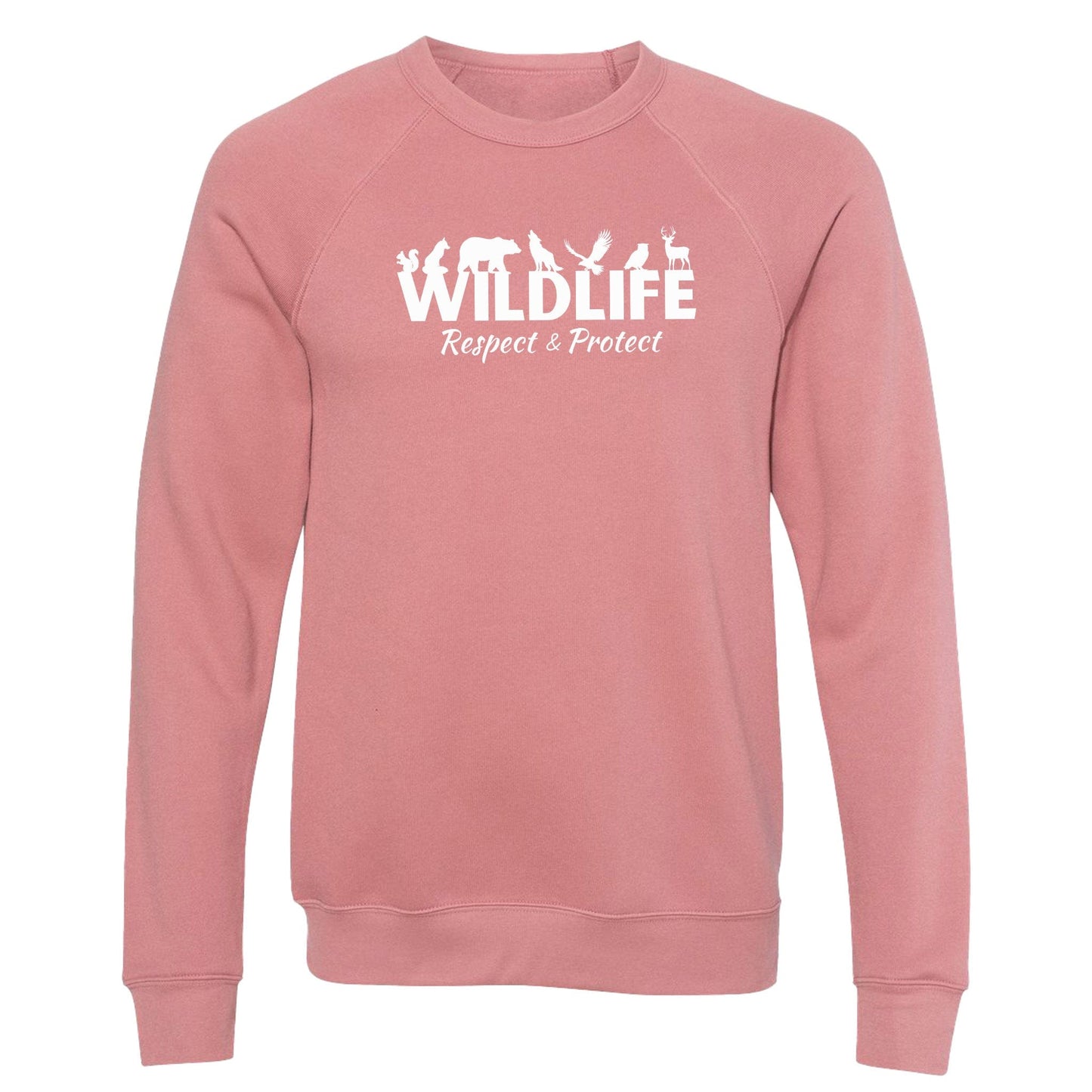 A mauve, wildlife advocate sweatshirt for nature lovers that says "Wildlife" with animals sitting on the top of the letters, and underneath it says, "Respect & Protect."