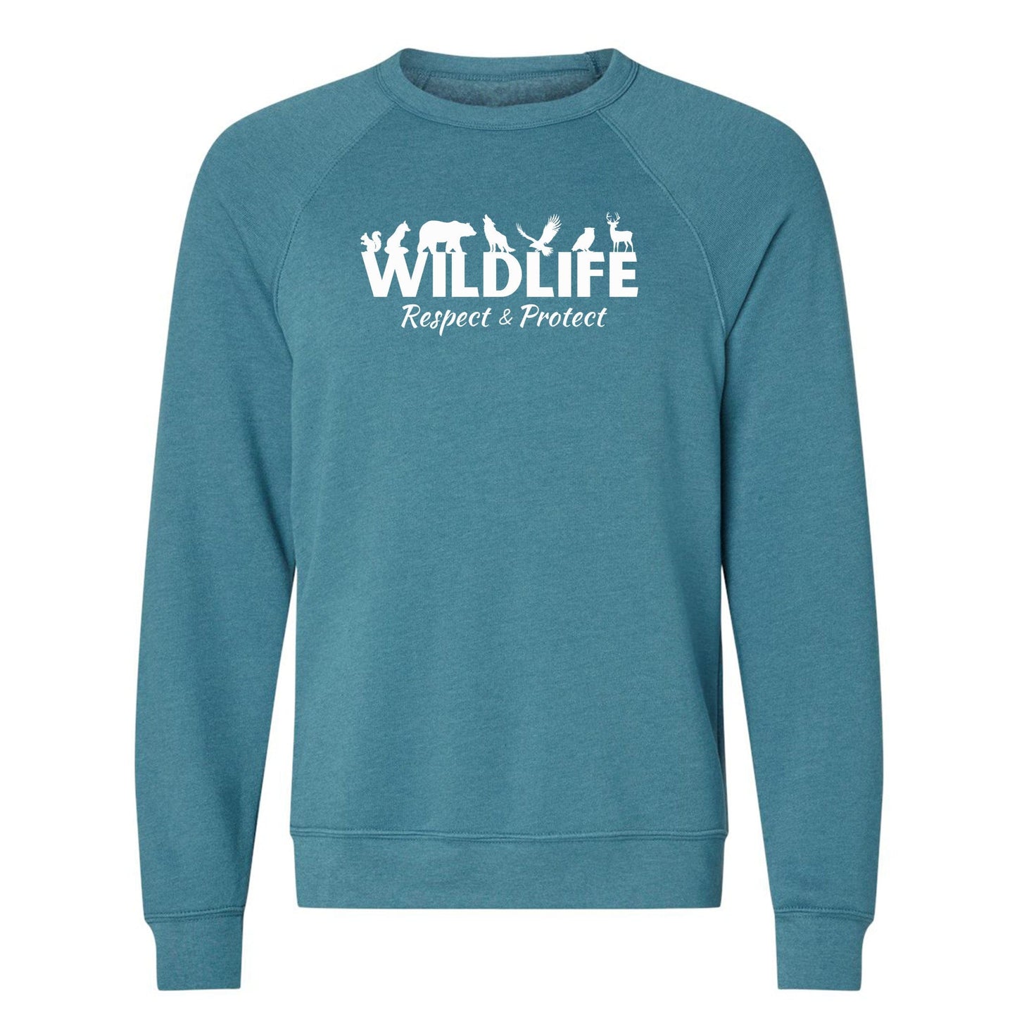 A teal, wildlife advocate sweatshirt for nature lovers that says "Wildlife" with animals sitting on the top of the letters, and underneath it says, "Respect & Protect."