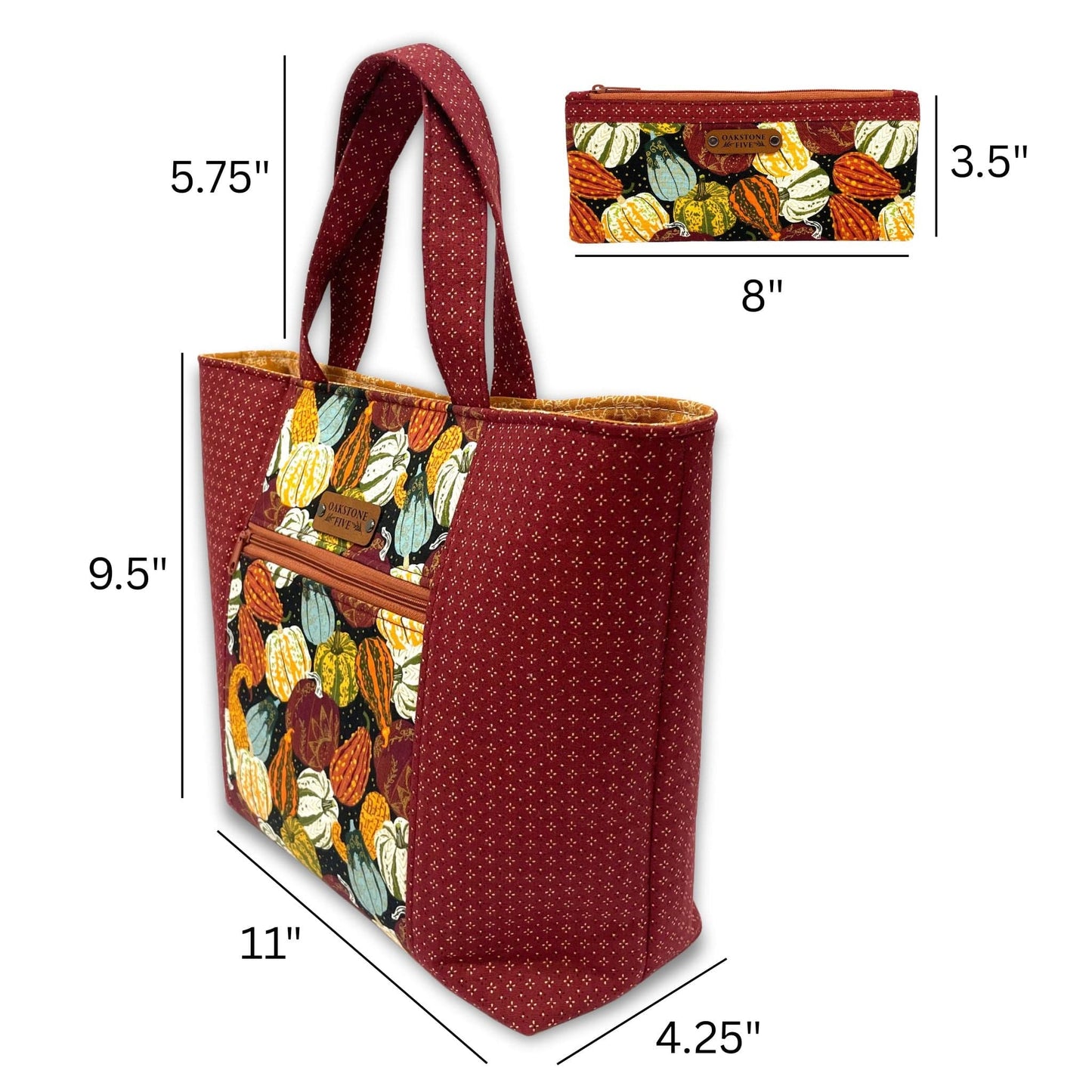 Image showing a gourds and pumpkins Fall tote bag and zipper pouch dimensions, on a white background