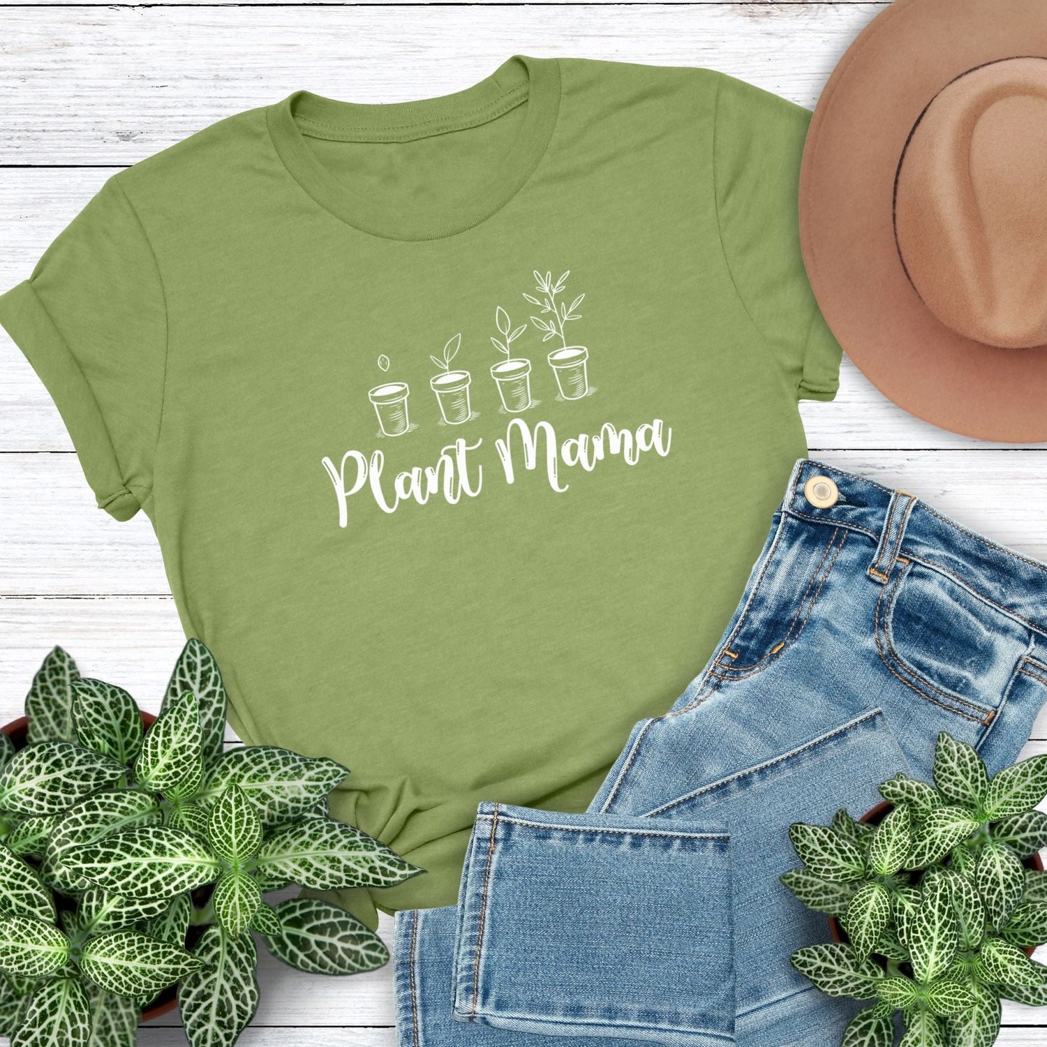 A cute, green premium t-shirt for gardeners and plant lovers that has potted plants and says "Plant Mama."