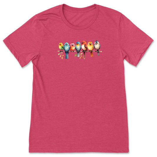 Heather Raspberry bird t-shirt for nature lovers and birders, that has a row of colorful birds sitting on a branch.