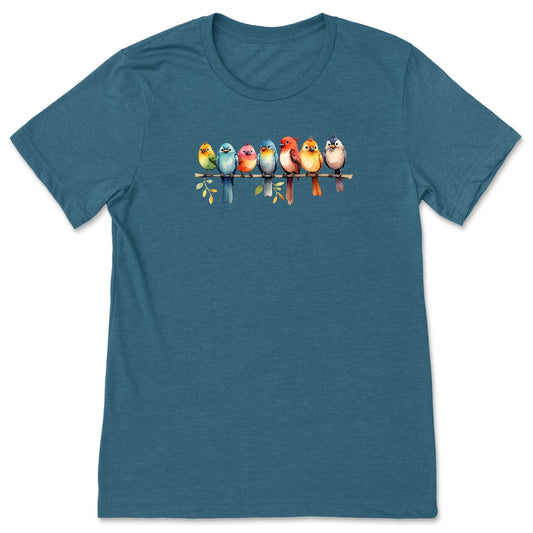 Teal bird t-shirt for nature lovers that has a row of colorful birds sitting on a branch.