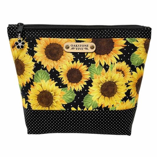 Cosmetic bag with sunflower pattern and 'Oakstone Five' branding on a white background