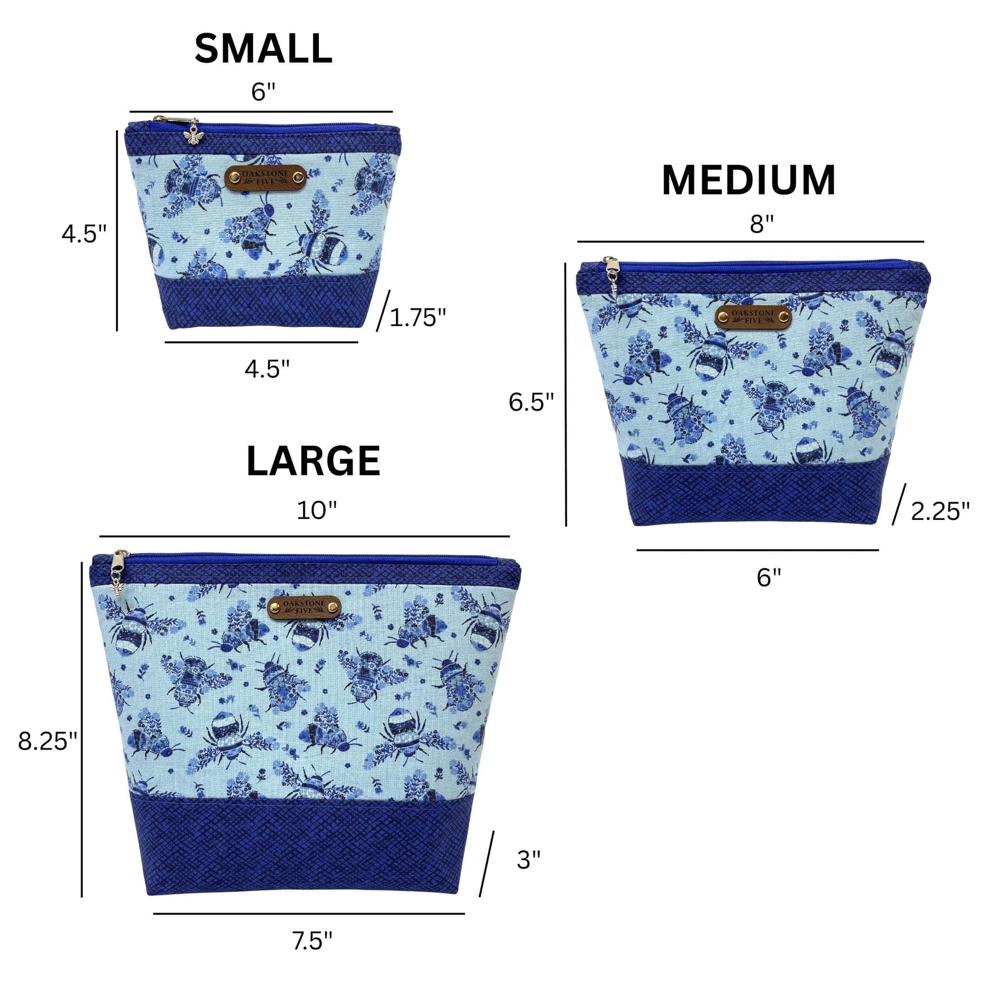 Dimensions of small, medium, and large sized blue floral bumble bee zipper pouches