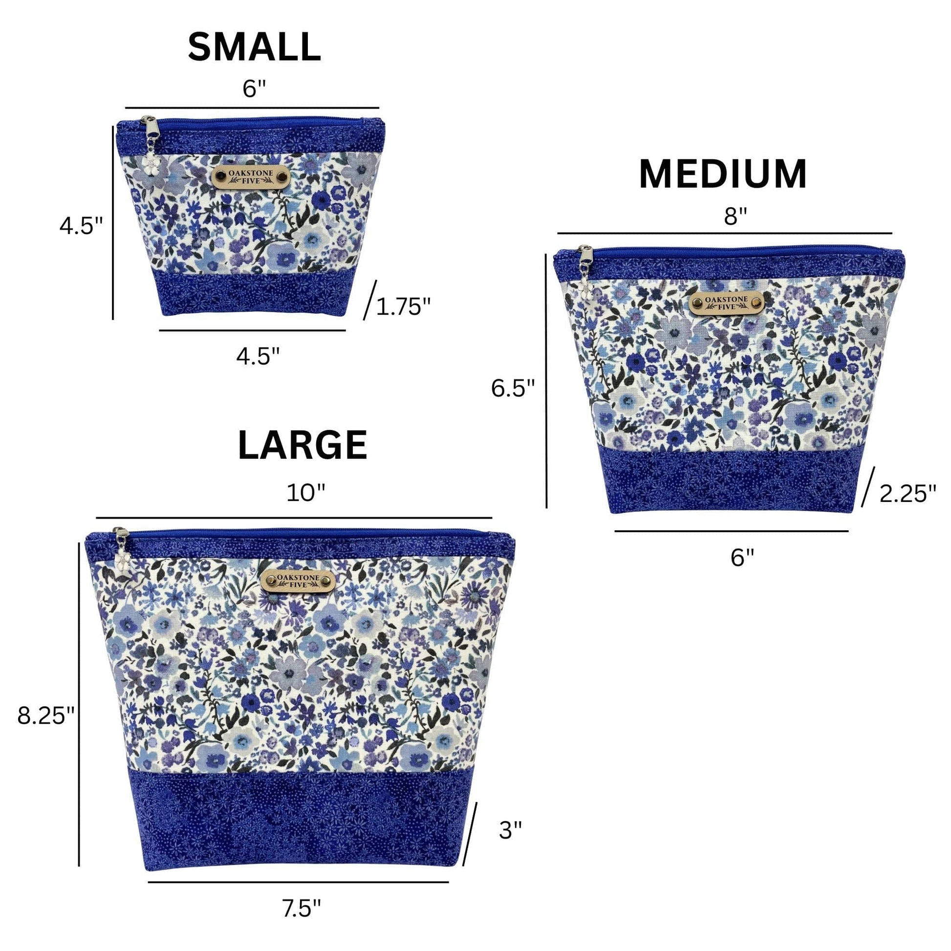 Three blue floral-patterned zipper pouches with measurements for small, medium, and large sizes on a white background.