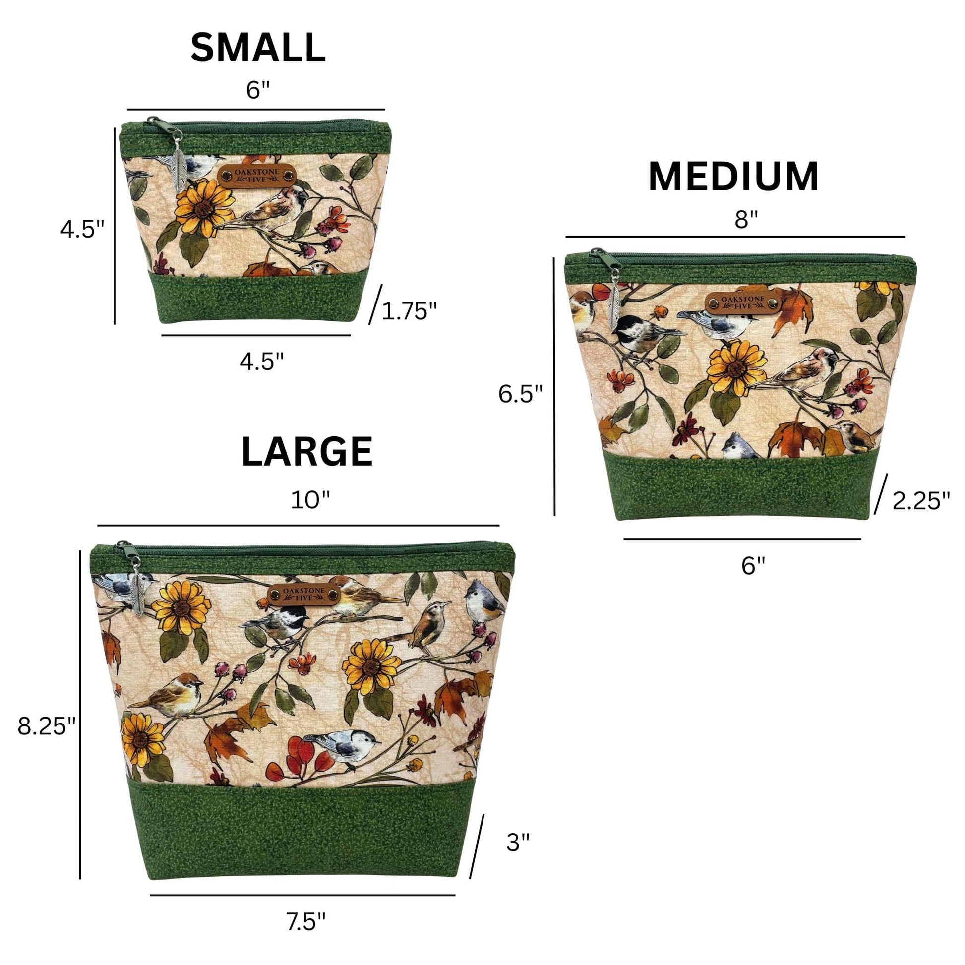 Three sizes of a flower and bird patterned zipper pouch with measurements on a white background