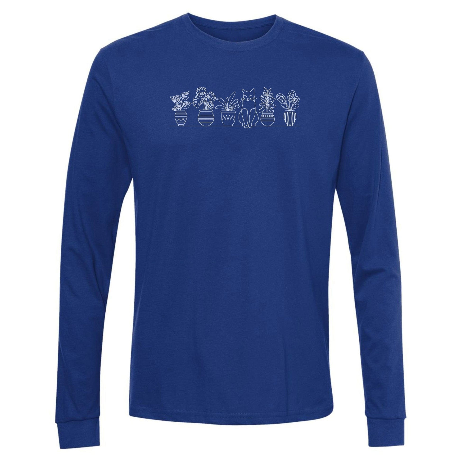 A royal blue, cute, long-sleeve plant t-shirt for gardeners that has a row of potted plants sitting on shelf, with a cat sitting in the middle.