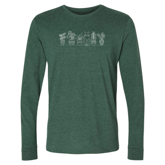 A green, cute, long-sleeve potted plant shirt for gardeners that has a row of potted plants sitting on shelf, with a cat sitting in the middle.