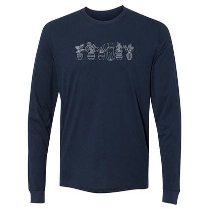 A dark blue, cute, long-sleeve plant t-shirt for gardeners that has a row of potted plants sitting on shelf, with a cat sitting in the middle.