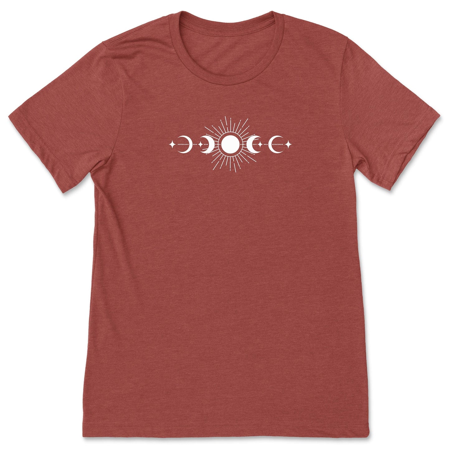 A fun, clay-color celestial sun and moon phases t-shirt for nature lovers.