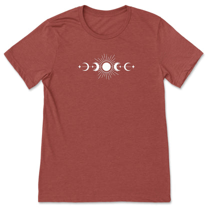 A fun, clay-color celestial sun and moon phases t-shirt for nature lovers.