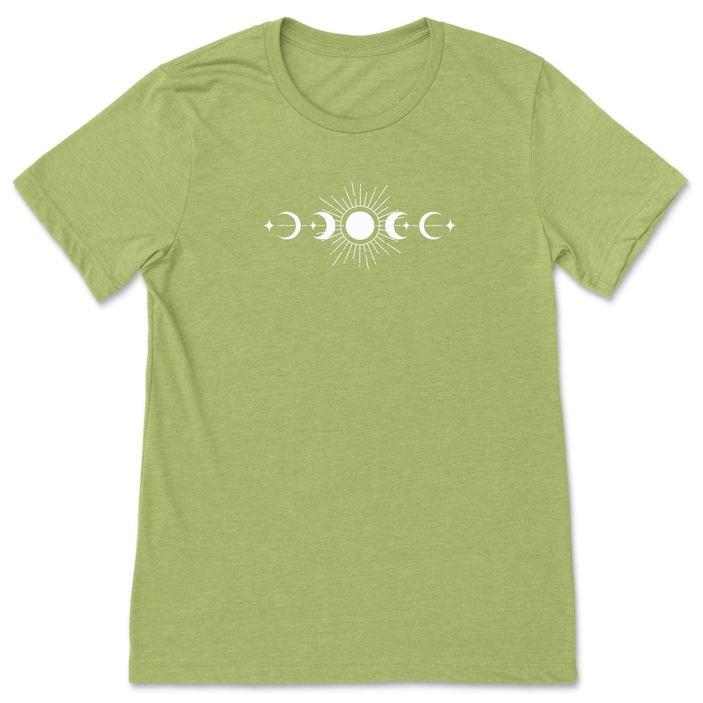 A fun, bright green celestial sun and moon phases t-shirt for nature lovers.