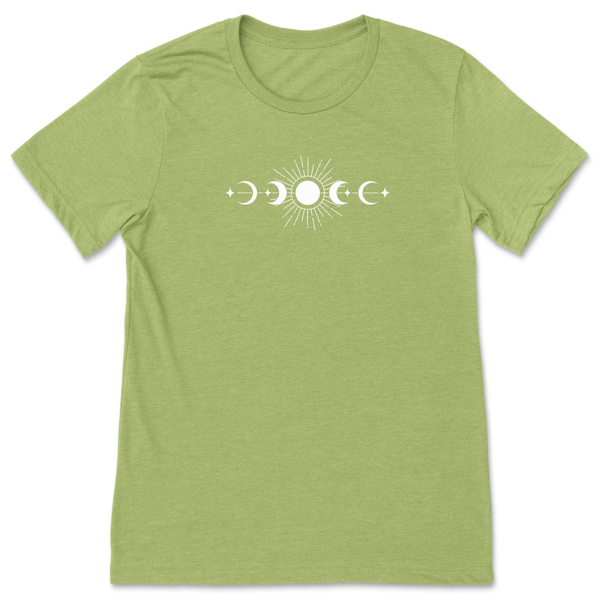 A fun, bright green celestial sun and moon phases t-shirt for nature lovers.