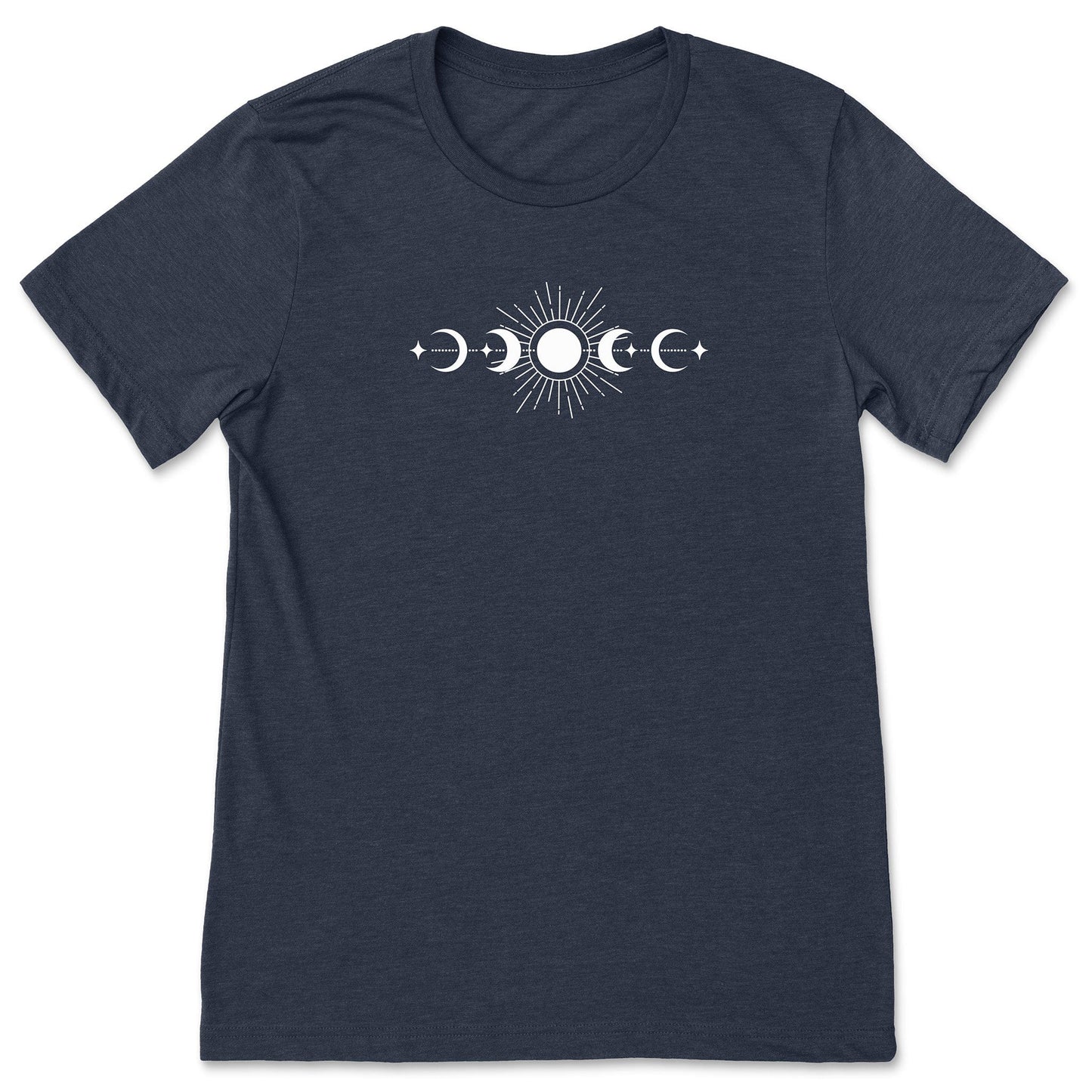 A fun, navy celestial sun and moon phases t-shirt for nature lovers.