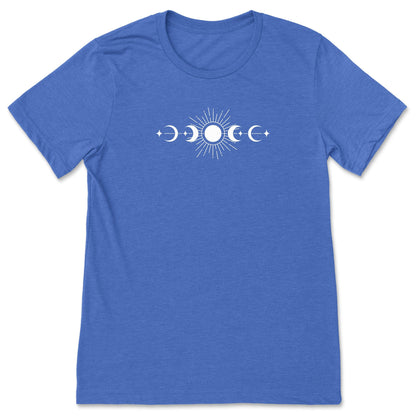 A fun, royal blue celestial sun and moon phases t-shirt for nature lovers.
