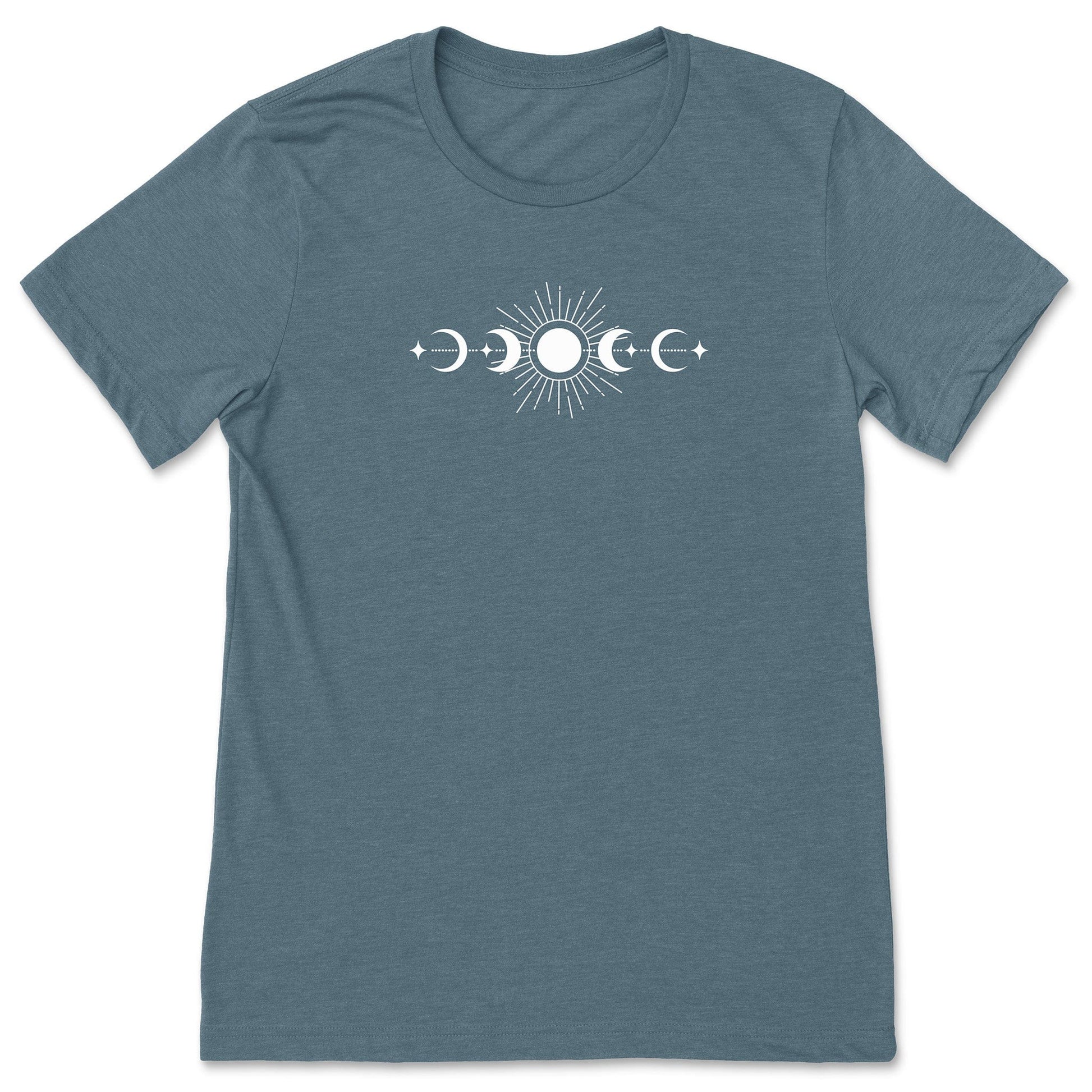A fun, slate blue celestial sun and moon phases t-shirt for nature lovers.