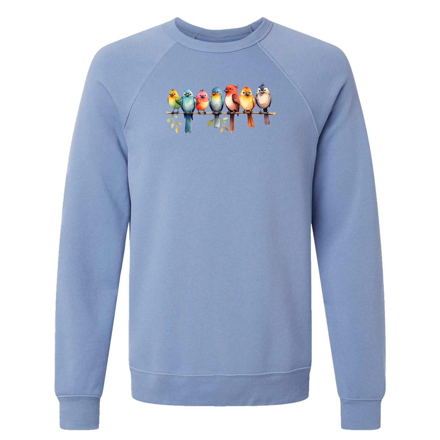 A lavender blue, women's bird sweatshirt that has a row of colorful birds sitting on a tree branch.